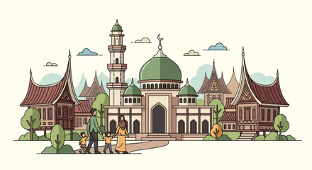 Happy Muslim family enjoying a joyful road trip adventure, packed with luggage on the car's roof, driving on the highway for a memorable vacation journey together