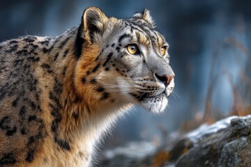Obraz premium Captivating close-up of a majestic snow leopard with piercing golden eyes.