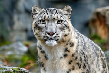 Captivating close-up portrait of a snow leopard with striking eyes and distinctive fur.