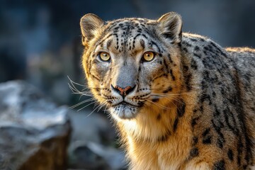 Fototapeta premium Stunning close-up portrait of a majestic snow leopard with captivating golden eyes.