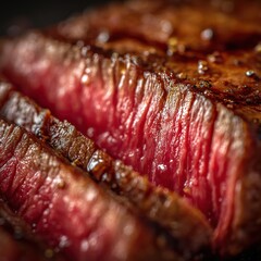 Extreme close-up of a sliced rare steak, showing tender red interior and juicy texture. Generative AI.