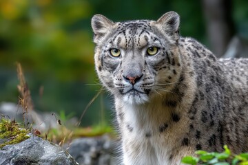 Naklejka premium Majestic snow leopard close-up: intense yellow eyes stare from spotted fur.