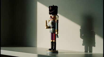A classic Christmas nutcracker toy, bathed in dramatic light, evoking a vintage holiday feel with visible film grain and nostalgic charm