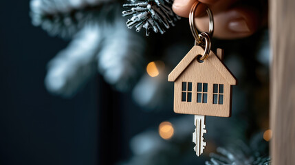 Fototapeta na wymiar Person's hand extending keys and a house-shaped keychain, signifying themes of buying a new home, securing property, future home plans, or a special Christmas present