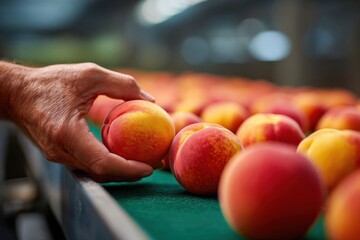Close-Up Shot of Single Worker Hand Picking Fresh Peaches for Quality Control