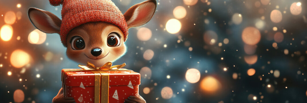 Christmas funny cheerful deer in hat and gift holiday character, 3d illustration, playful pose isolated on christmas background bokeh, space for text