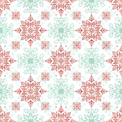Elegant seamless pattern with intricate hand-drawn red ornamental stars and mint green geometric shapes on a white background for textiles or wallpaper