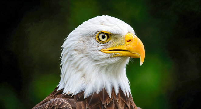 Portrait of a majestic bald eagle with intense gaze against a blurred green background - Powered by Adobe