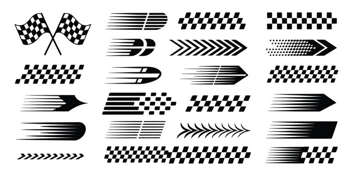 Race car and motorsports vector pack featuring racing stripes, checkered flags, finish line elements, speed graphics, motocross themed labels, and competition design assets