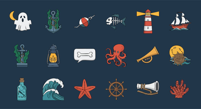 Nautical and Halloween Themed Icons Collection.