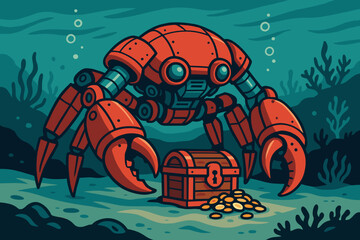 Fototapeta premium Robot crab with treasure chest and gold coins underwater in a colorful ocean scene
