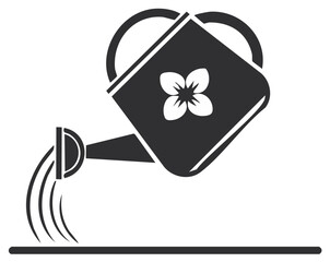 Watering can with a heart shaped handle and flower symbol pouring water. Gardening and growth concept icon.