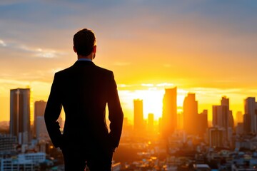 Fototapeta premium Businessman overlooking a vibrant city skyline at golden hour sunset.
