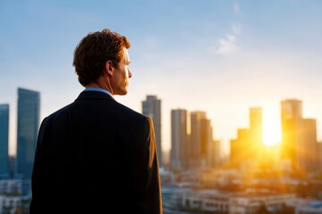 Businessman in suit gazes at golden city skyline during vibrant sunset.