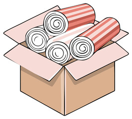 Box filled with rolled striped textile or paper material
