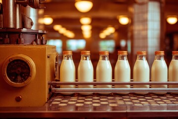Fototapeta premium Vintage Style Photograph of Milk Bottling Process in a Soft-lit Setting