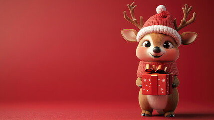 Fototapeta premium Christmas funny cheerful deer in hat and gift holiday character, 3d illustration, playful pose isolated on red background, space for text