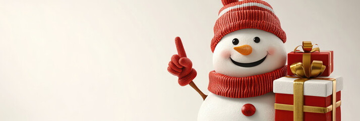 funny cheerful snowman in santa hat Christmas character with surprise face pointing finger to the side, 3d illustration, playful holiday pose, isolated on white background with copy space