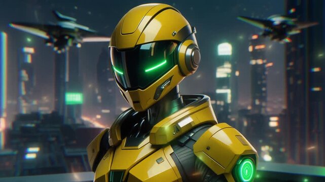 Robot Cyberpunk Skyline &ndash; Futuristic Yellow Suit at Night