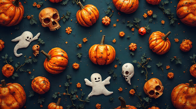 Festive Halloween background with pumpkins, skulls, and ghosts arrangement composition