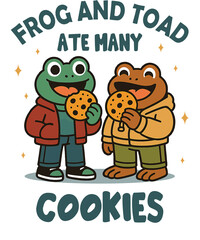 Two friendly cartoon animals, a frog and a toad, happily sharing and eating many delicious cookies, isolated on transparent background
