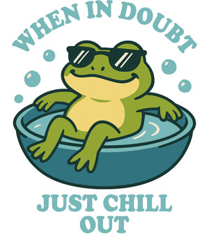 A cool cartoon frog wearing sunglasses, relaxing in a tub of water, embodying the phrase when in doubt, just chill out, isolated on transparent background