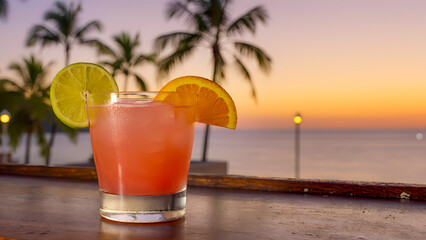 A pink tropical cocktail with lime and orange wedges on a bar counter with a sunset and palm trees by the ocean in the background.