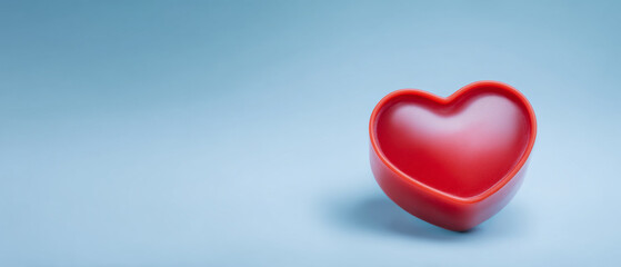 Fototapeta premium A heart-shaped red bowl on a blue background, conveying themes of love and affection
