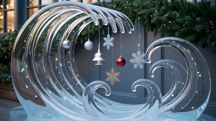 Ice wave sculpture with Christmas ornaments a festive holiday decoration creating a winter wonderland atmosphere