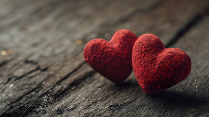 Fototapeta premium Twin red hearts on a timeworn wooden background. Old-style love card. A heartfelt message in classic design. Valentineâ€™s Day gift showing two red hearts made from clay.