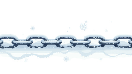 Close-up of snow-covered anchor chain with frost crystals and snowflakes on reflective surface, winter symbolism concept