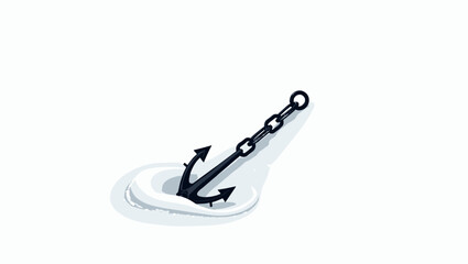 Snow-covered anchor chain lying in snow with visible flukes and metal links on white background, winter nautical concept