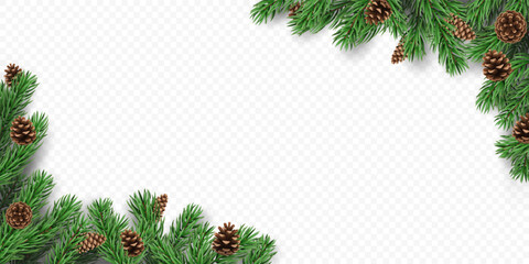 Vector frame with pine tree branches with cones and shadows, isolated on a transparent background. Holiday border fir tree branch for winter banner, poster, greeting card.