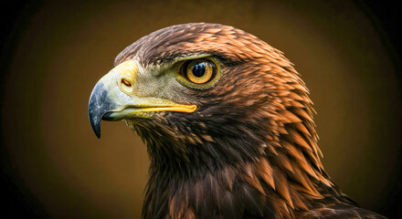 Fototapeta premium Golden eagle with striking features and vivid eyes perched against a dark background in natural light