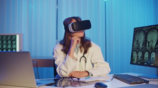 Medical Researcher in White Coat With Stethoscope Using VR Headset and Hand Gestures to Explore Virtual Brain Models. Concept of Immersive Technology in Neuroscience and Future Healthcare.