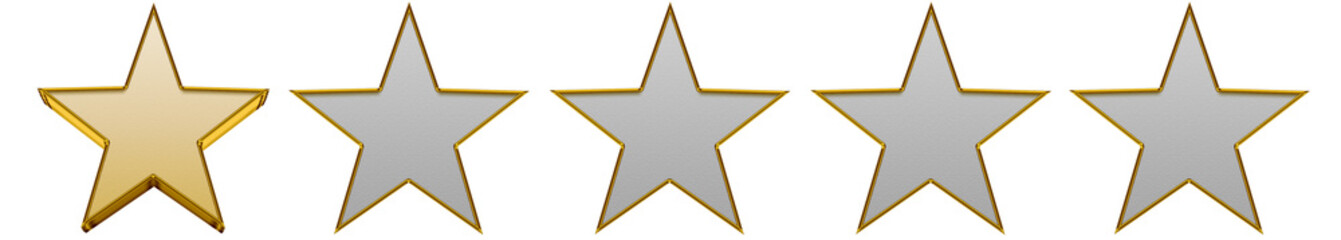 Single yellow star rating with four dark grey stars isolated on white background. Minimalistic low review rating design for customer feedback, evaluation, and performance critique visuals