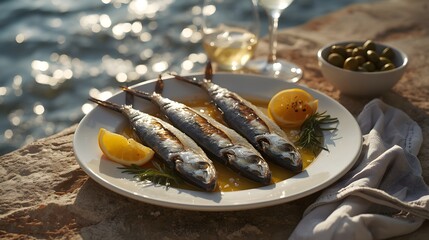 Grilled sardines with lemon wedges and olive oil served on a plate by the seaside, evoking a fresh Mediterranean dining experience.