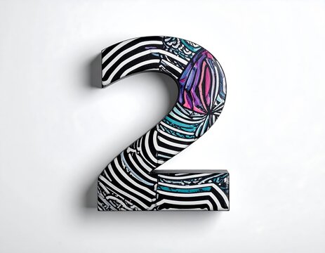 Artistic rendering of number two, featuring diverse patterns against a bright white backdrop