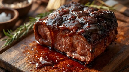 Juicy roasted beef coated in glossy barbecue glaze, served on a wooden board with rosemary, perfect for food photography or menu design.