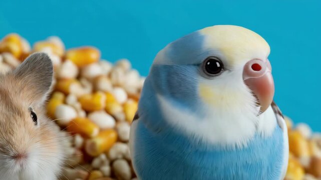Curious blue parrotlet interacting with furry friend among colorful corn kernels