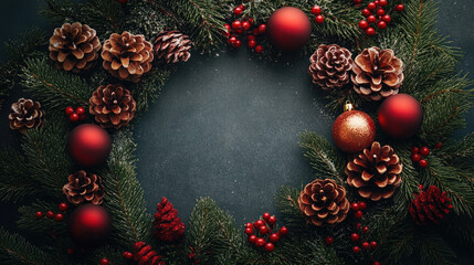 Festive holiday wreath featuring golden Christmas ornaments, evergreen pine branches arranged in circular pattern , rich background, offering elegant seasonal design space. Flat lay, top view, mock up