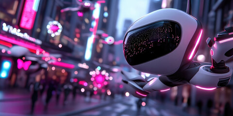 Cybernetic holiday scene: glowing robotic kiosk displaying Santa, person wearing futuristic helmet checking smartphone amid snow-covered urban nightscape