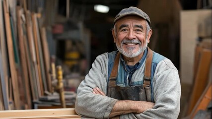 happy senior hispanic carpenter smiling in his workshop with copyspace. confident craftsman with arms crossed. small business owner, occupation and traditional craft concept. - Powered by Adobe