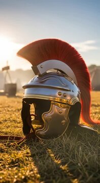 Roman centurion helmet with red plume resting on battlefield grass at sunrise or sunset in a historical war scene footage