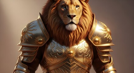 Lion with golden armor shines with soft, diffused lighting. Ideal for fantasy art, book covers, or character design.