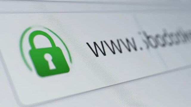 Secure Website Connection - A close-up shot of a web browser's address bar, featuring a green padlock icon indicating a secure HTTPS connection. The website address begins with "www.
