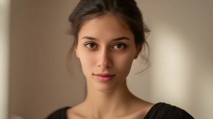 Fototapeta premium Serene portrait of a young woman radiating warmth gentle beauty and inviting peaceful realism
