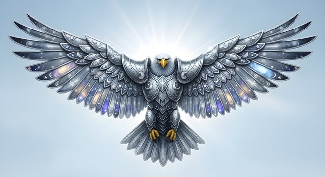 Silver eagle with cosmic wings radiates light. Perfect for fantasy posters, branding, and heroic-themed presentations.