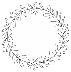 Obraz premium Minimalist hand drawn botanical wreath with leaves and berries. Elegant black and white line art circular frame.