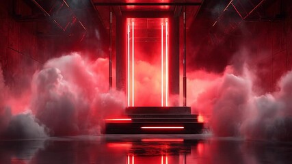 Red neon portal stairs foggy room dramatic entrance glowing doorway surreal atmosphere red smoke stage entrance illuminated steps reflecting floor - Powered by Adobe